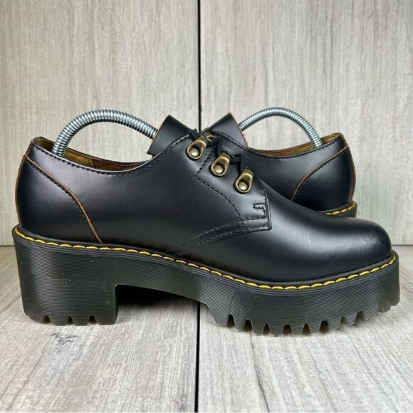 NEW Dr. Martens Docs Leona Lo Black Leather Heeled Platform Boots Womens Size 10 - Picture 6 of 10